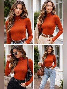 Lulus Rust Orange Ribbed Turtleneck Bodysuit – Size S | Minimal Chic